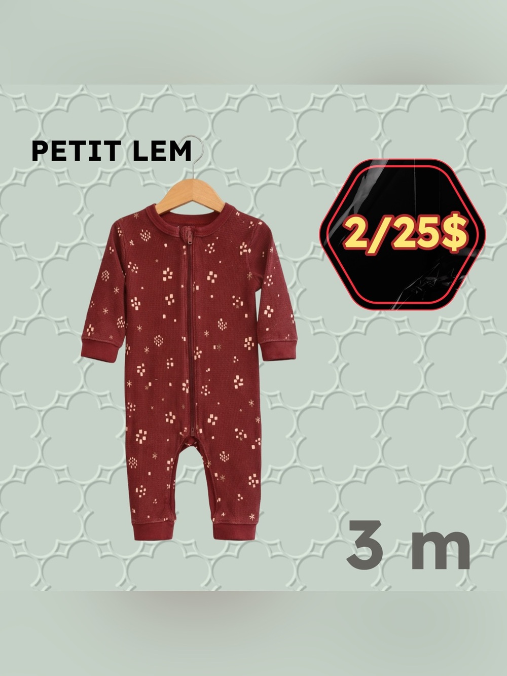 🌙 2/25$ 🇨🇦👍GUC PETIT LEM | 3m | Unisex Burgundy Stars Print Baby Pyjamas